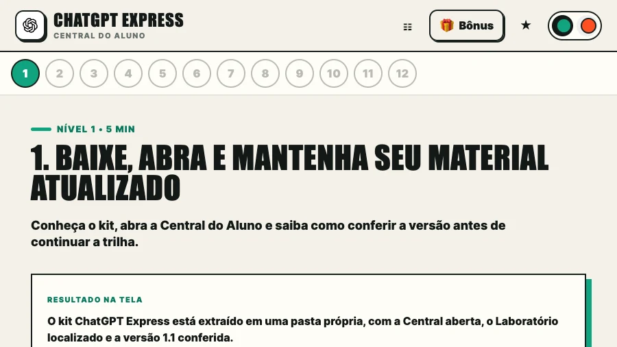 Central do Aluno mostrando a navegação por níveis e o início da primeira aula.
